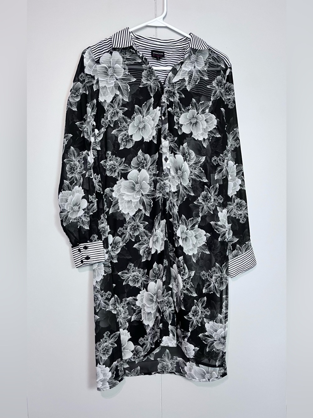 Simon Chang POP Floral Sheer Shirt Dress Tunic Small Black White